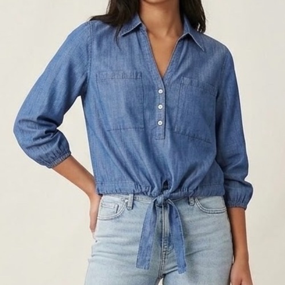 Express Chambray Shirt Women XS Blue Front Tie Lyocell Button Up Top soft New